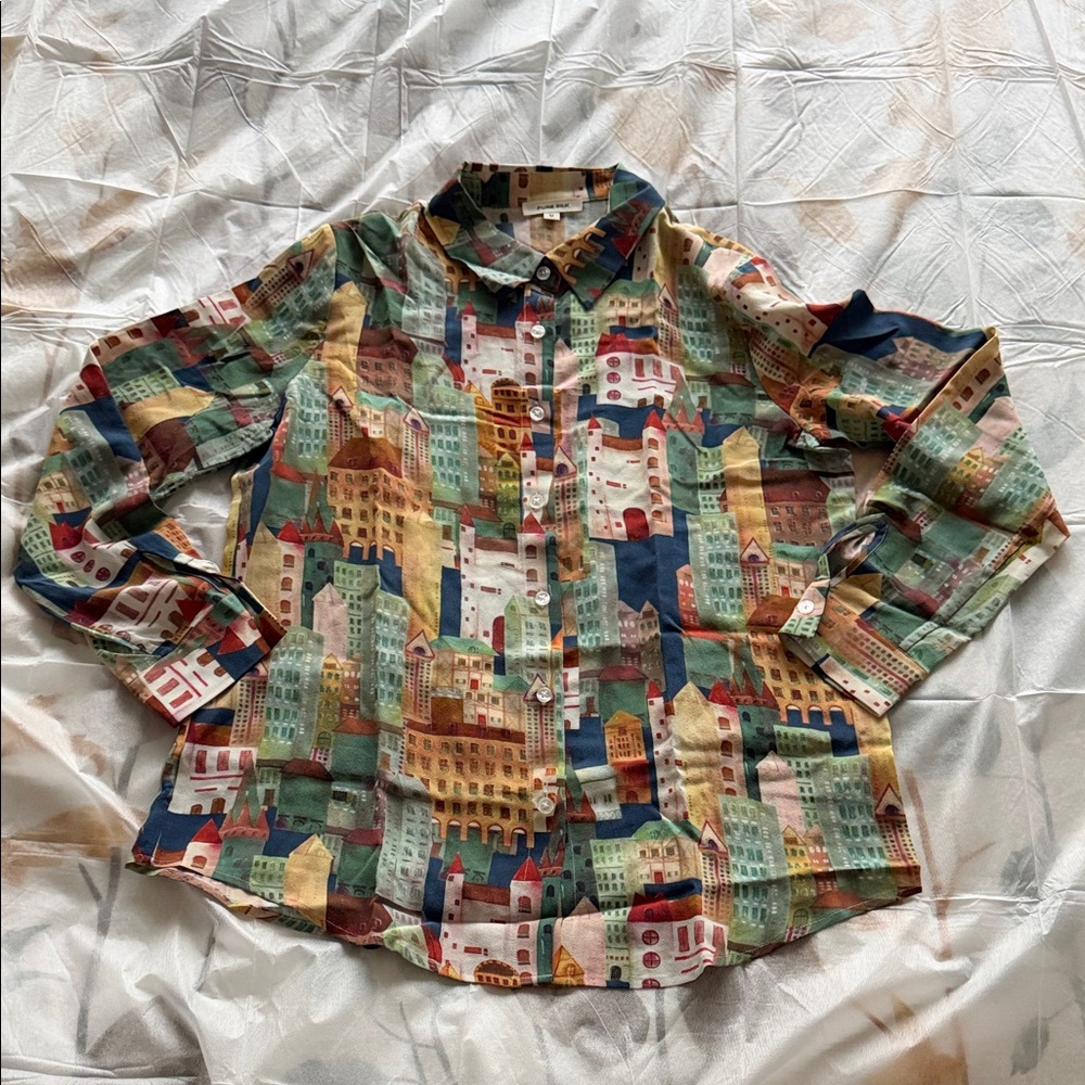 100% silk Colorful Cityscape Print Blouse